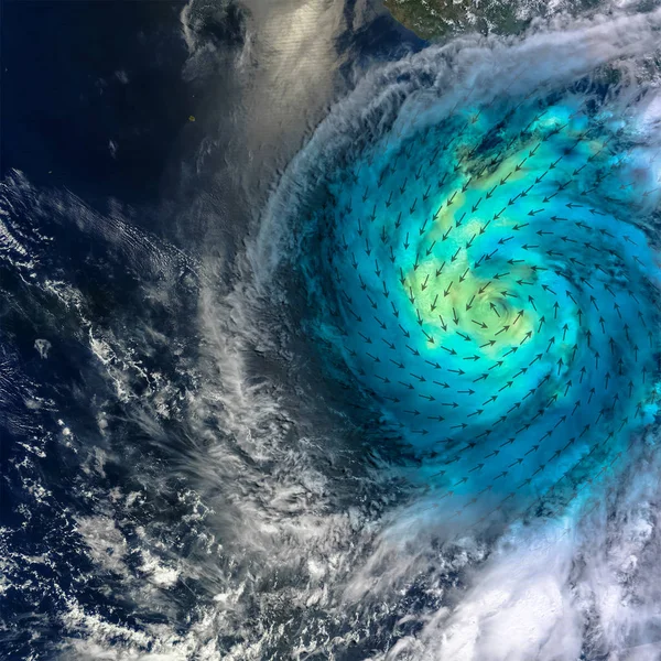 Hurricane with added wind speed direction scheem. Shades of blue-green indicate the range of speeds, with lighter shades representing stronger surface winds. Elements of this image furnished by NASA.