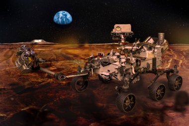Mars rover Kızıl Gezegen, yabancı Peyzaj ve gökyüzünde yıldızlar arasında Dünya gezegeninin yüzeyine. Nasa tarafından döşenmiş bu görüntü unsurları.