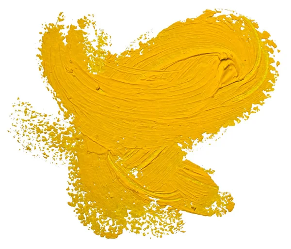 Sjabloon Voor Bannertekst Getextureerde Gele Olieverf Kromme Penseelstreek Geïsoleerd Witte — Stockfoto