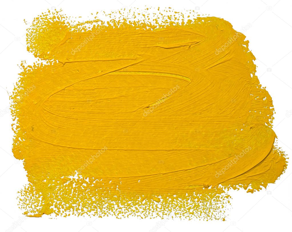 Yellow oil brush stroke. Abstract varnish splash trace shape. Glossy oil paint smear on white background.