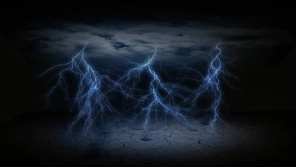 Abstract dark lightening bolt with ceiling clouds and cracked dry ground in a dark background — Stock Photo, Image