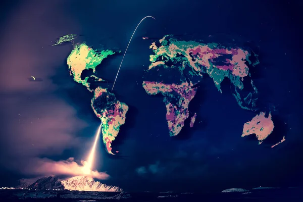 Lancering Van Raket Nacht Kaart Van Wereld Naar Hemel Elementen — Stockfoto