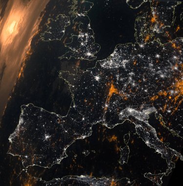 Avrupa harita kompozisyon alanı görünümü. Gece aydınlatma şehir ışıklar. Nasa tarafından döşenmiş bu görüntü unsurları