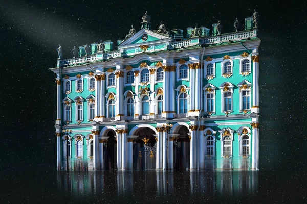 Ermitage, Russie, St Pétersbourg. Musée de l'Ermitage d'Etat vue d'ensemble, partie centrale du bâtiment isolée sur un ciel étoilé noir, éclairée et réfléchie . — Photo