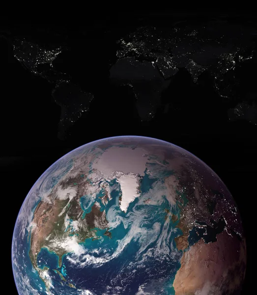 Planet earth with a projection of world map in the form of stars of the constellations of city lights. Elements of this image furnished by NASA.