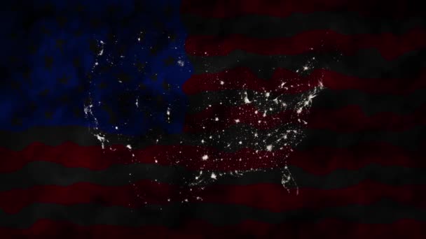 雲の背景として米国旗を振って 米国の星の星座マップとして街の明かりに近づいて — ストック動画