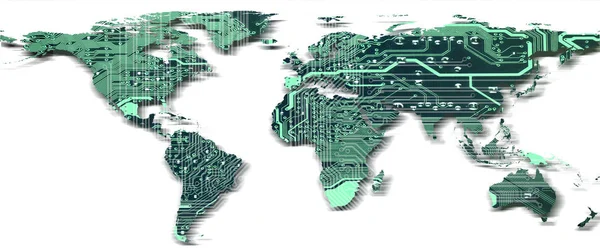 デジタルグローバル技術コンセプト 白い背景に隔離された影を持つ回路基板パターンを持つ世界地図 この画像の要素は Nasaによって提供 — ストック写真