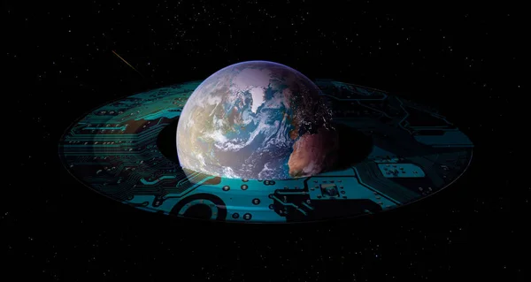 土星テクノマザーボードリング 将来のグローバルテクノ開発コンセプトと地球惑星とのコラージュ この画像の要素は Nasaによって提供 — ストック写真
