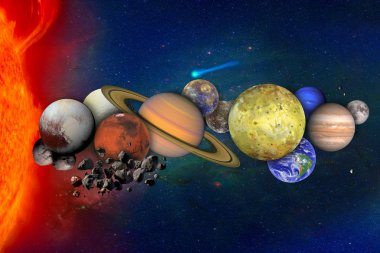 Güneş sistemi kavramı. Uzaydaki gezegenler ve uydularla güneşle kolaj. Nasa tarafından döşenmiş bu görüntünün elemanları.