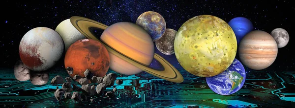 マザーボードの上の宇宙空間で惑星や月とのコラージュ グローバルな未来情報技術の概念 この画像の要素は Nasaによって提供 — ストック写真
