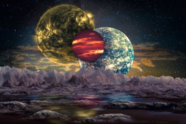 Fantastik dünya dışı dünya manzarası. Dağ gezegeni yüzeyi su ve bulutlu atmosferüzerinde üç yabancı uyduları ile. Nasa tarafından döşenmiş bu görüntünün elemanları.
