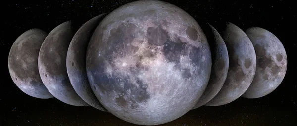 Fazele Lunii Simultan Rând Waxing Semilună Gibbous Primul Treilea Trimestru — Fotografie, imagine de stoc