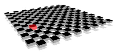 Kırmızı küp 3d checkerboard uçakta bol özdeş arkadaşları kalabalığın arasından ayakta. Liderlik, teklik, bağımsızlık, inisiyatif, strateji, muhalefet, farklı düşünmek, iş başarısı kavramı.