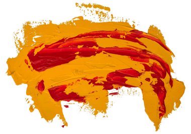 Kırmızı ve sarı dağınık benekli yağlı doku boya fırça darbesi, el boyalı, beyaz arka plan üzerinde izole. Eps10 vektör illüstrasyon.