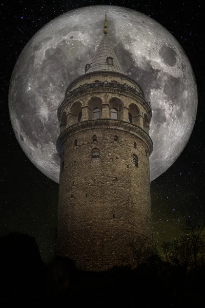 Wieża Galata Stambuł Pełni Księżyca Gwiaździste Tło Nocne Elementy Tego — Zdjęcie stockowe