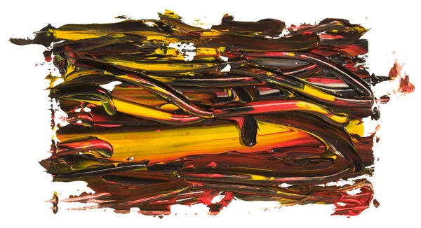 赤と黄色の長方形のオイルブラシストロークを持つ黒 抽象ワニススプラッシュトレース形状 白い背景に光沢のある油塗料の塗りつぶし — ストック写真