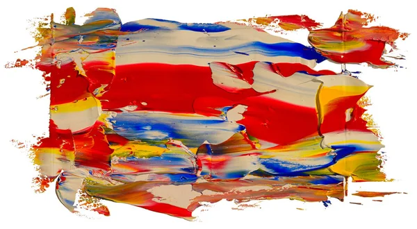 Red, blue, white and yellow, rectangular oil brush stroke. Abstract varnish splash trace shape. Glossy oil paint smear on white background.
