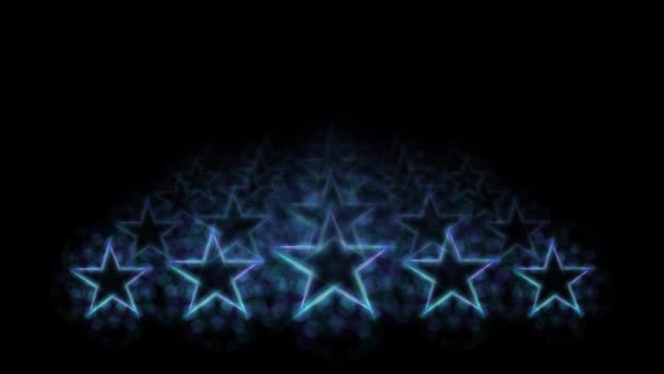 Högsta kvalitet animering. Utvärdering och klassificering. Fem blå neonljus stjärnor på svart bakgrund och reflektioner i perspektiv. Kopiera utrymme. — Stockvideo