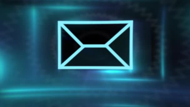 E-Mail-Umschlag-Symbol auf einem Hintergrund aus leuchtenden Bildschirmen und divergierenden Wellenstrahlen. — Stockvideo