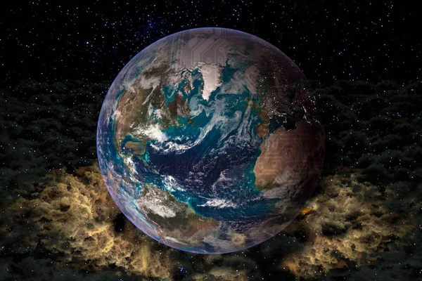 マザーボードのシルエットを持つ雲の宇宙空間の惑星地球 クラウドコンピューティングの概念 この画像の要素は Nasaによって提供 — ストック写真