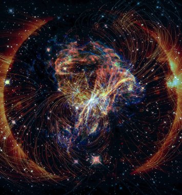 Enerji ışınları küresi içinde bulunan porthole, galaksiden gelen havai fişek gösterisinden çıkan kıvılcımları andırıyor. Nasa tarafından döşenmiş bu görüntünün elemanları.