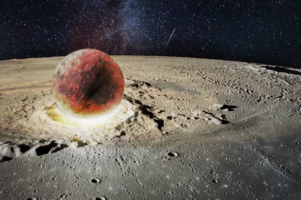 Asteroide esférico en el cráter de la luna, collage de ciencia ficción. Elementos de esta imagen proporcionados por la NASA . —  Fotos de Stock