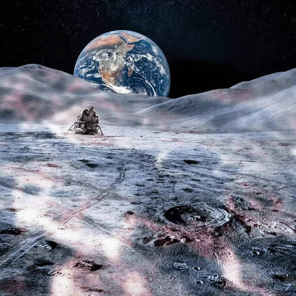 Planeta Terra Distante Superfície Lunar Com Crateras Rover Lunar Elementos — Fotografia de Stock