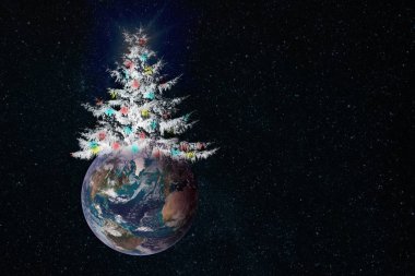 Planet Earth bir Noel ağacı şapka bir noel ağacı şapka bir yeni yıl kavramı olarak, kopya alanı ile. Nasa tarafından döşenmiş bu görüntünün elemanları.