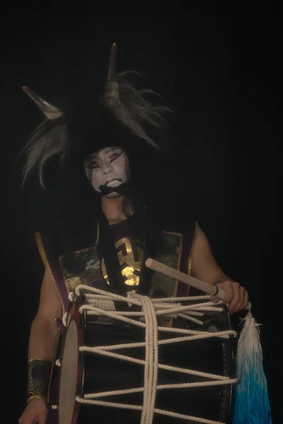 Demon Japanese Mythology Portrait Artist Drummer Taiko Wig Horns Make — Stock Photo, Image