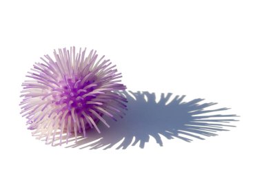 Oyuncak topu beyaz zemin üzerinde uzun gölge ve kopyalama alanı ile izole Coronavirus gibi görünüyor.