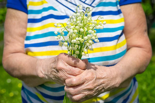 Stara Kobieta Ręce Trzymając Lilia Kwiatów Doliny — Zdjęcie stockowe