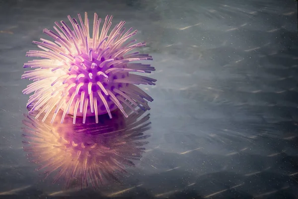 Bola Brinquedo Parece Com Coronavírus Uma Superfície Reflexiva Com Espaço — Fotografia de Stock