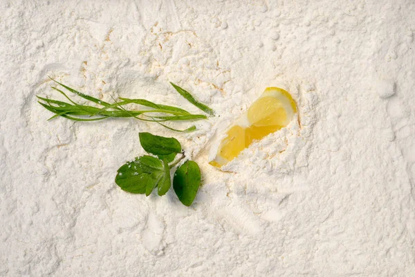 Top View Mojito Ingridients White Sugar Powder Background Lemon Mint — Stock Fotó