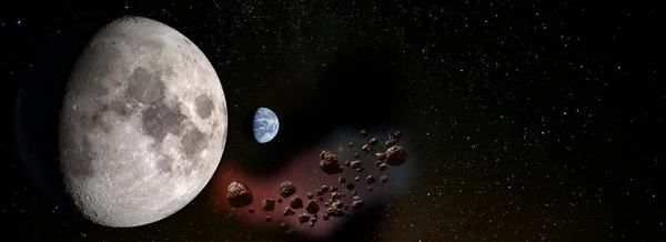 Panorama Moon Earth Planet Space Group Asteroids Nearby Elements Image — Stock Photo, Image