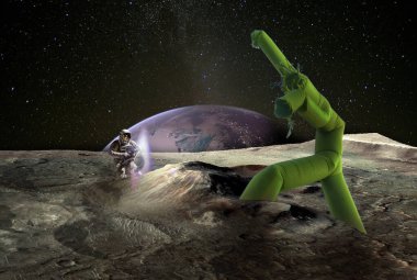 The battle for the Earth. Moon surface, planet Earth in the distance. Caricatured green alien fights against the human cosmonaut. Elements of this image furnished by NASA.