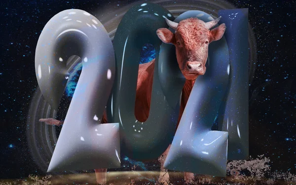 中国の旧正月2021年の牛の 牛は膨張したプラスチック番号2021と銀河の背景の後ろに立っています Nasaによって提供されたこの画像の要素 — ストック写真