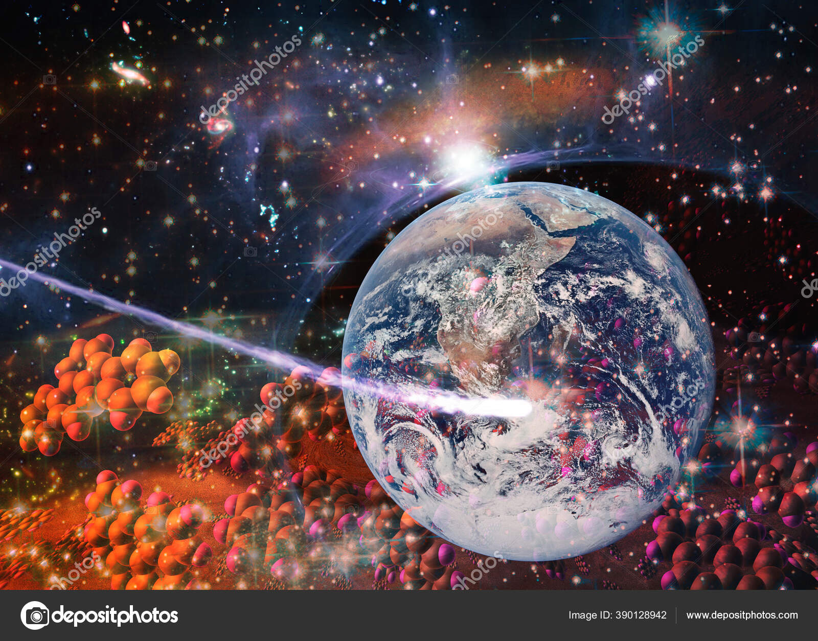 Dna鎖の粒子が宇宙から地球へと飛んでいく 生命の起源の概念 Nasaによって提供されたこの画像の要素 ストック写真 C Elf 11