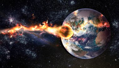 Kuyrukluyıldız, asteroit, göktaşı parlar, saldırır, düşer. Dünya atmosferine saldırır. Dünyanın sonu geldi. Göktaşının Dünya gezegeniyle çarpışması. Bu görüntünün elementleri NASA tarafından desteklenmektedir.