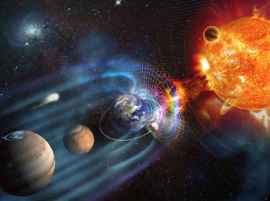 Dünya 'yı çevreleyen manyetik kuvvet çizgileri Güneş' in güneş rüzgârına karşı manyetosfer olarak bilinir. Bu görüntünün elementleri NASA tarafından desteklenmektedir.
