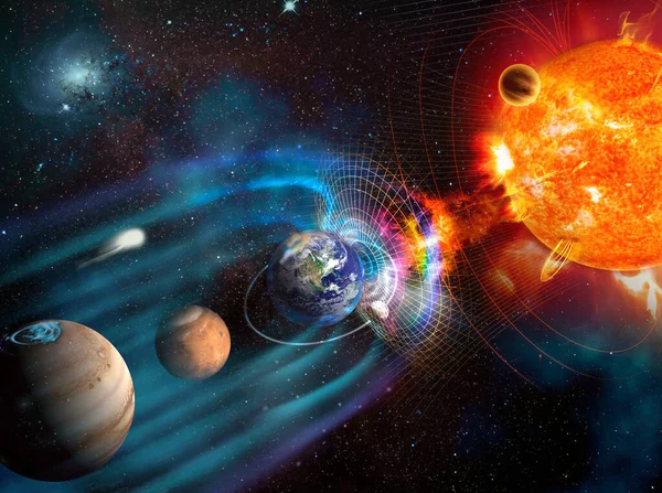 太陽の太陽風に対して磁気圏として知られている地球を取り巻く力の磁力線 Nasaによって提供されたこの画像の要素 — ストック写真