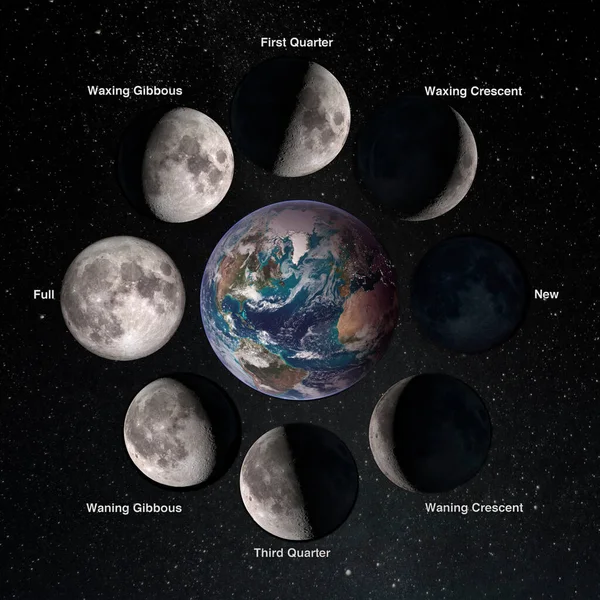 Relation movements of the moon 8 lunar phases revolution around Earth. Waxing crescent first quarter waxing gibbous full moon waning gibbous third guarter. Elements of this image furnished by NASA.