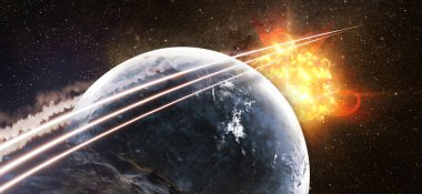 Uzak güneş sistemindeki gezegenlerin üstündeki uzayda bir uzay gemisi. Bu görüntünün elementleri NASA tarafından desteklenmektedir.