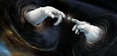 Uzayda insan elinin parmaklarıyla dokunuşunu kapat. Yaşam yaratma kavramı. Bu görüntünün elementleri NASA tarafından desteklenmektedir.