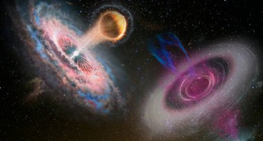 Açık uzayda iki kara delik sisteminin gelecekteki bilim kurgu manzarası. Bu görüntünün elementleri NASA tarafından desteklenmektedir.
