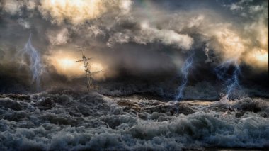 Fırtınalı bir denizde yelkenli bir geminin silueti. Yıldırımlar, inanılmaz dalgalar ve dramatik gökyüzü. Aivazovsky gibi bir deniz sanatçısı tarzında kolaj.