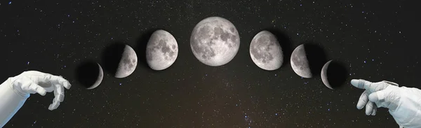手を月の相をポイントします 三日月 第1四半期ワックス ギブリ 満月ワックス ギブリ 第3番目のガーター 三日月 新しい月の衰退 Nasaによって提供されたこの画像の要素 — ストック写真