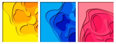 Üç pankart, üç boyutlu soyut arkaplan ve kağıt kesim şekilleri iş sunumları, el ilanları, posterler ve davetiyeler için düzenlendi. Sarı, mavi ve pembe renkli gölgeli renkli oyma sanatı