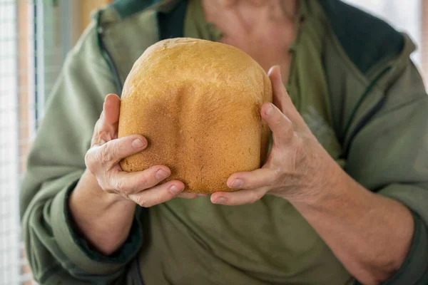 Baker Anciana Sosteniendo Hermoso Pan Casero Caliente —  Fotos de Stock