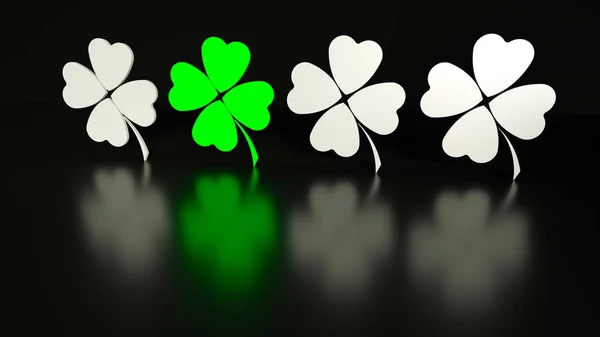 Four Traditional Patrick Leaf Clover White Green Black Background Reflections — Stock Photo, Image