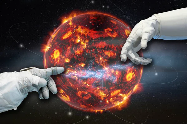 Astronauts hand over the Sun in the space. Civilization and technologies. Elements of this image furnished by NASA.